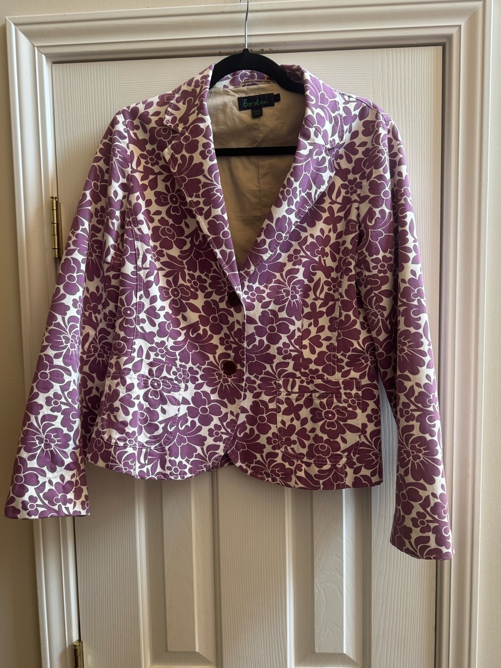 Boden Purple & White Floral Blazer Women SZ 14 Lined Fitted Pockets